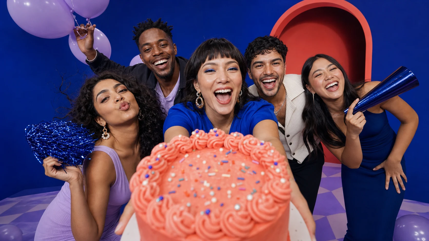 Friends celebrating a milestone birthday with a coral cake