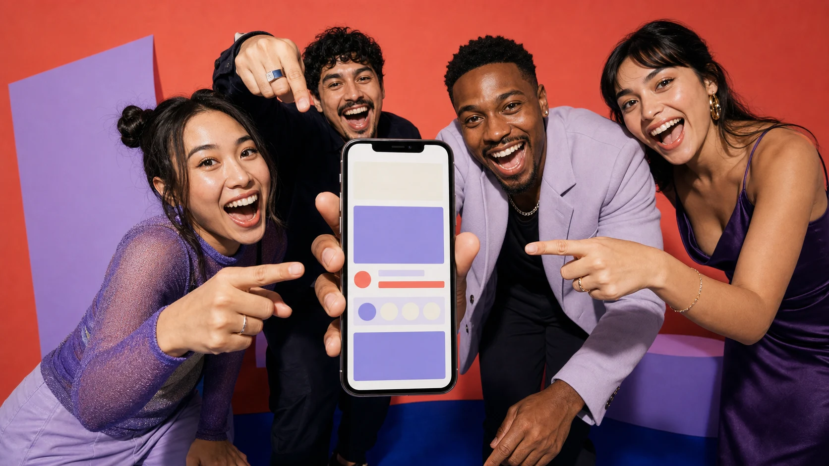 Friends pointing to a colorful event invitation on a phone