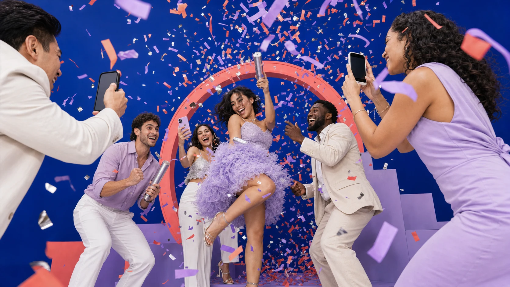 Friends capturing a confetti-filled celebration from different angles