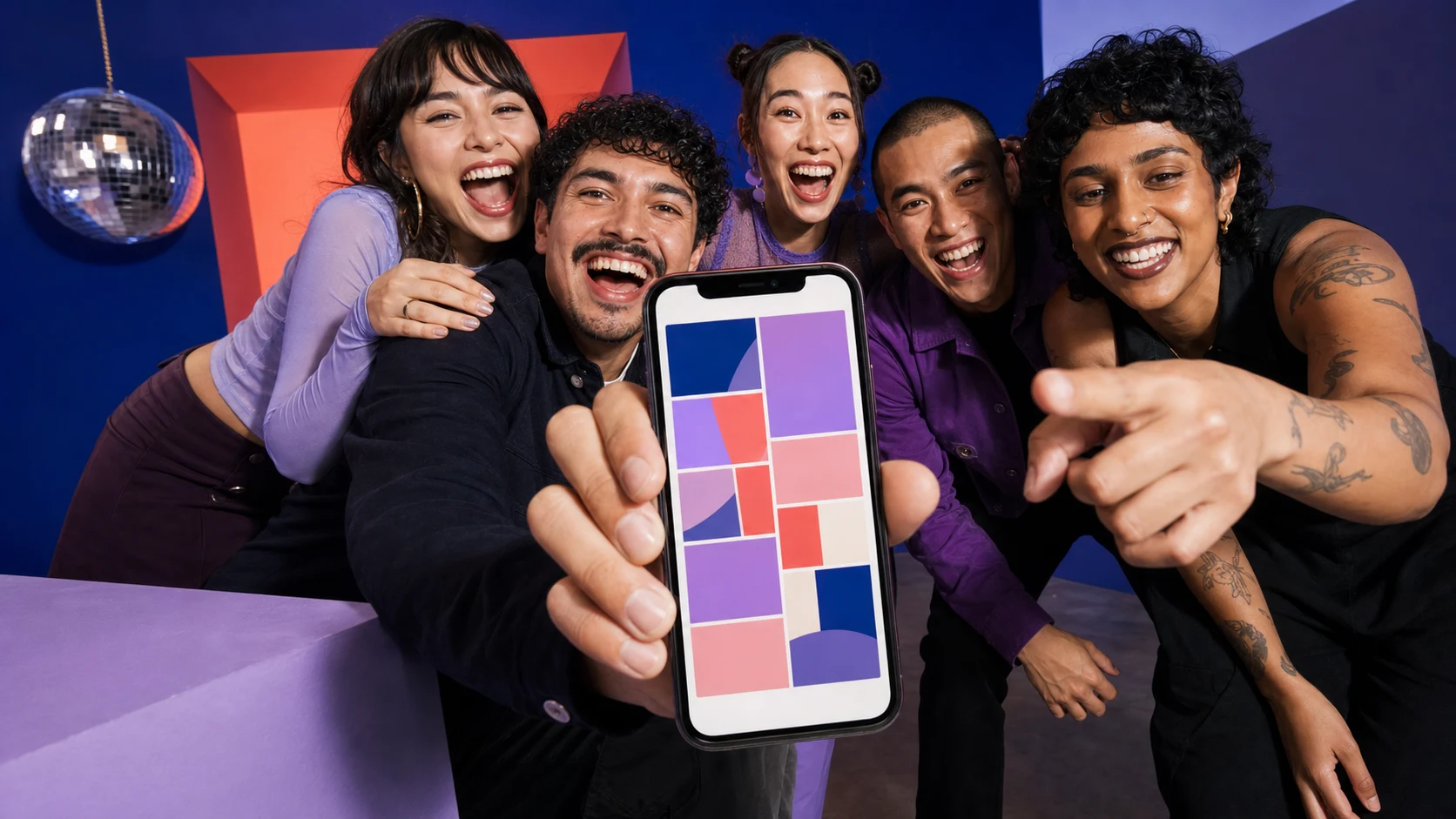 Friends reacting to a shared photo gallery on a phone