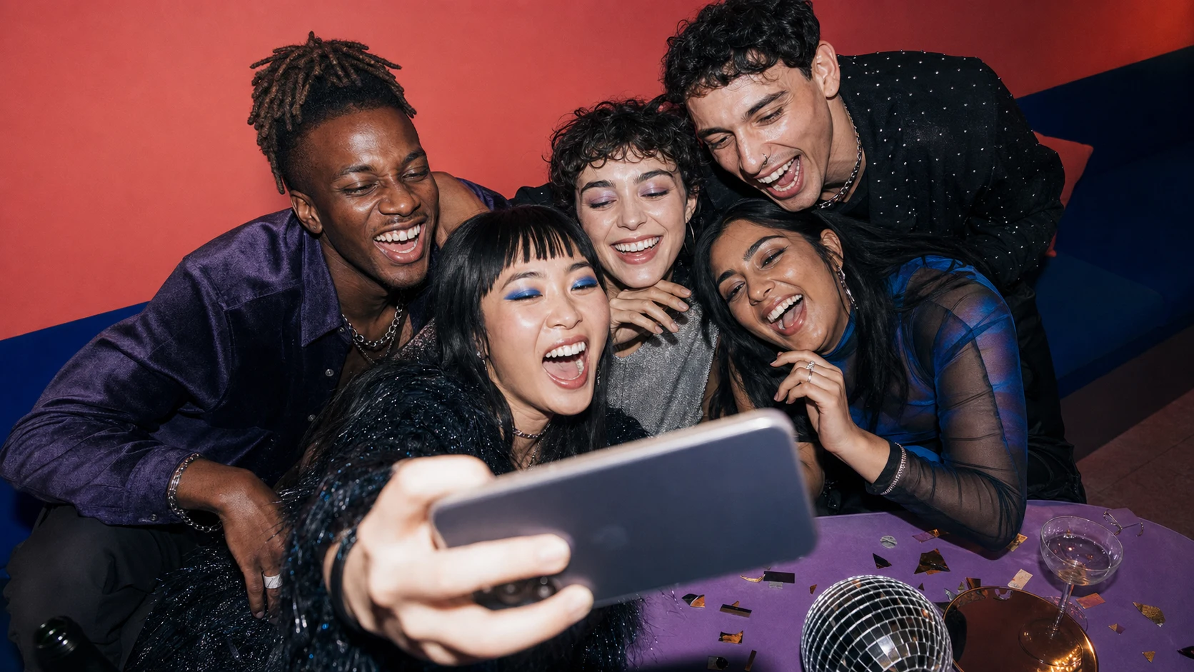 Friends laughing together over photos on a phone