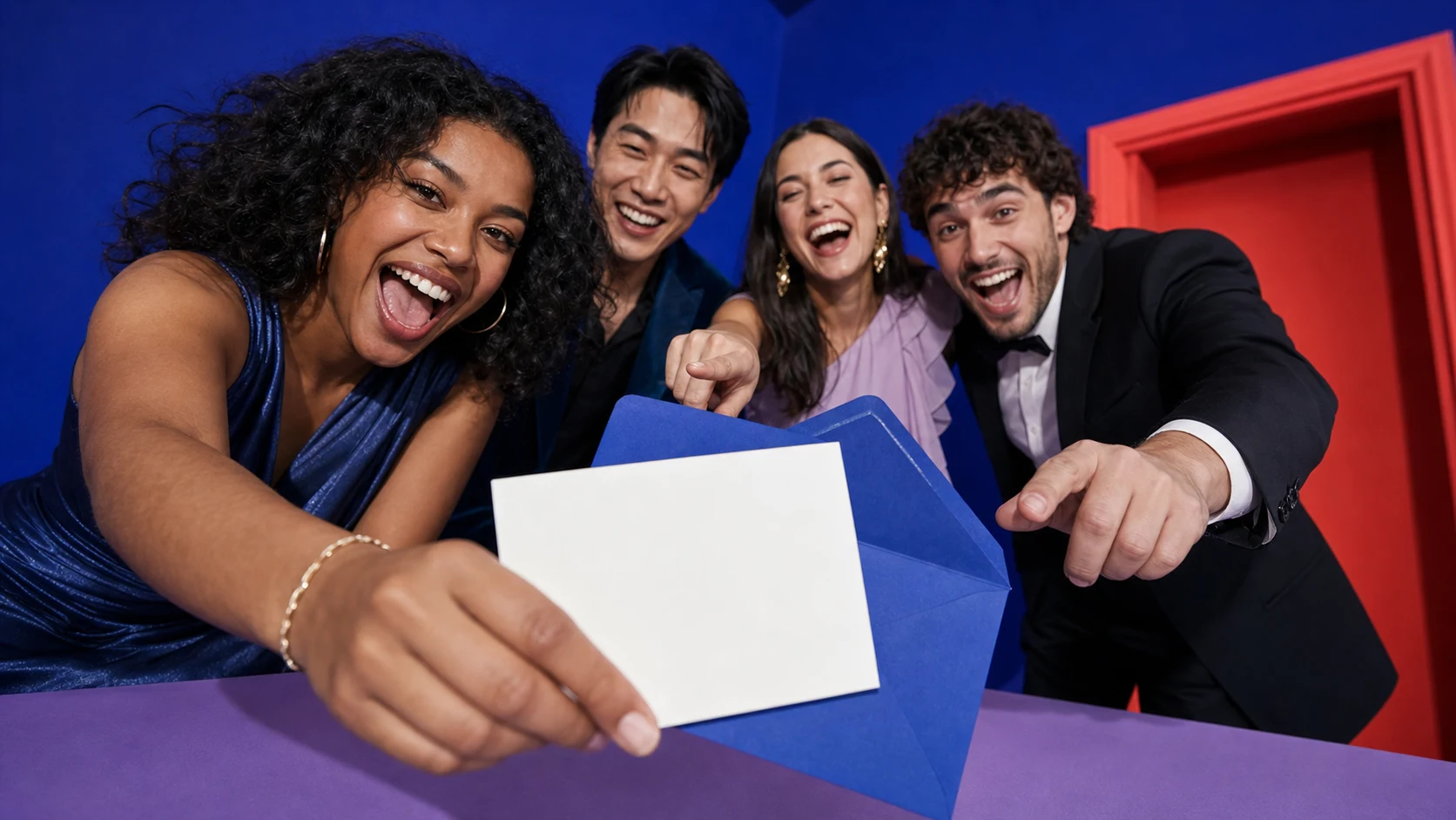 Friends celebrating as a guest holds a blank RSVP card toward the camera