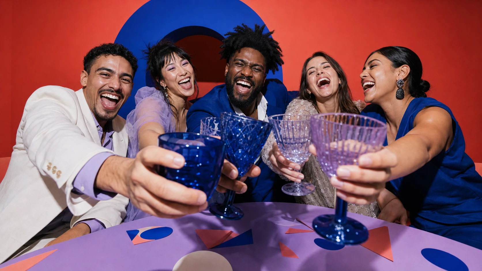 Wedding guests raising colorful glasses in a joyful toast